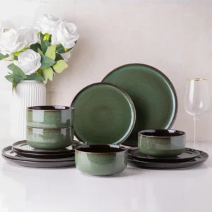 Ceramic Dinnerware Sets of 4,Poreclain Plates and Bowls Sets,Handmade Reactive Glaze Dishes Set,Chip Resistant 1