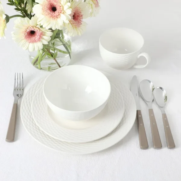 16 Piece Basket Weave New Bone China Embossed Porcelain Chip and Scratch Resistant Dinnerware Set 4